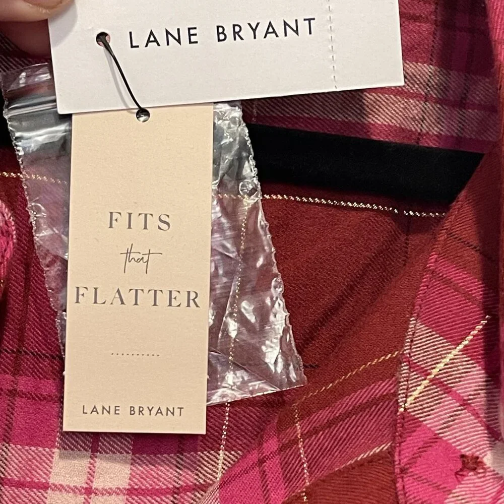 NWT Lane Bryant Womens No-Peek Plaid Button-Up Shirt 34/36 Red Pink Cotton/Visco